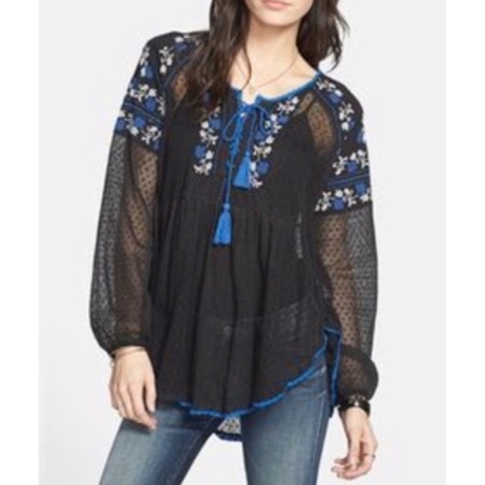Free People | sheer embroidered peasant top S